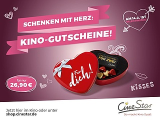 Schenken mit Herz: Kino-Gutscheine von CineStar zum Valentinstag